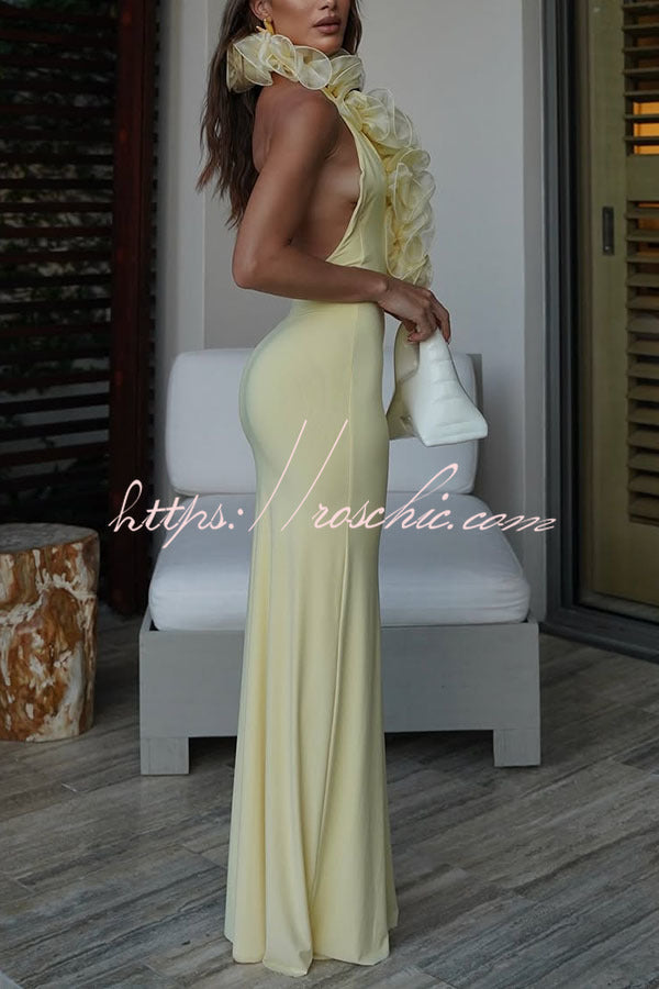 Vacay Mode Ruffles Trim Halter Backless Stretch Maxi Dress