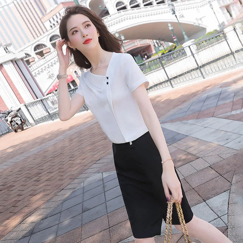 Spring Summer Style Chiffon Blouses Shirts Lady Asymmetrical Collar Short Sleeve Chiffon Blusas Tops Df4028