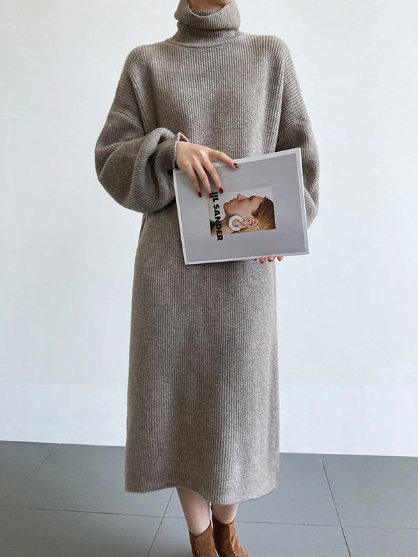 Urban Loose Purple High-neck Long Puff Sleeve Sweater Dress An1052