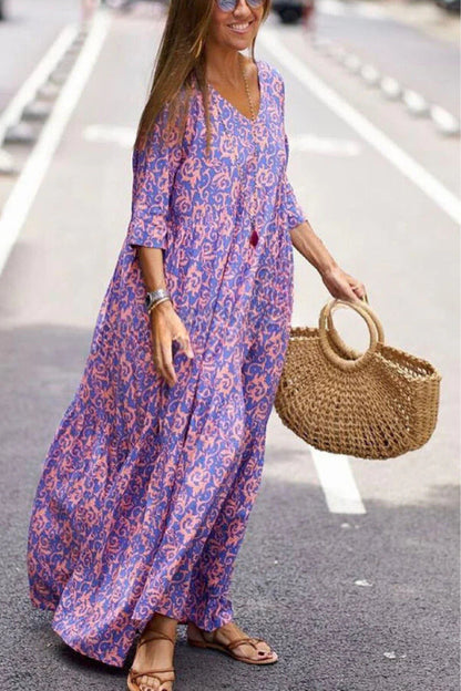 Pattern Printed Half Sleeve Loose Swing Maxi Dresse