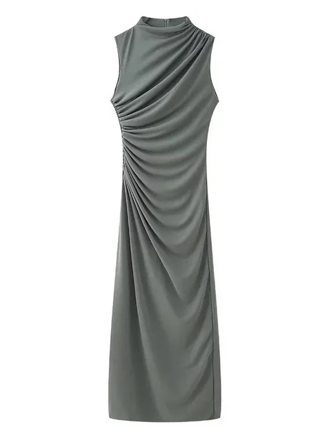 Pleated Long Sleeved Slim Maxi Dress – Off-shoulder Bodycon Gown