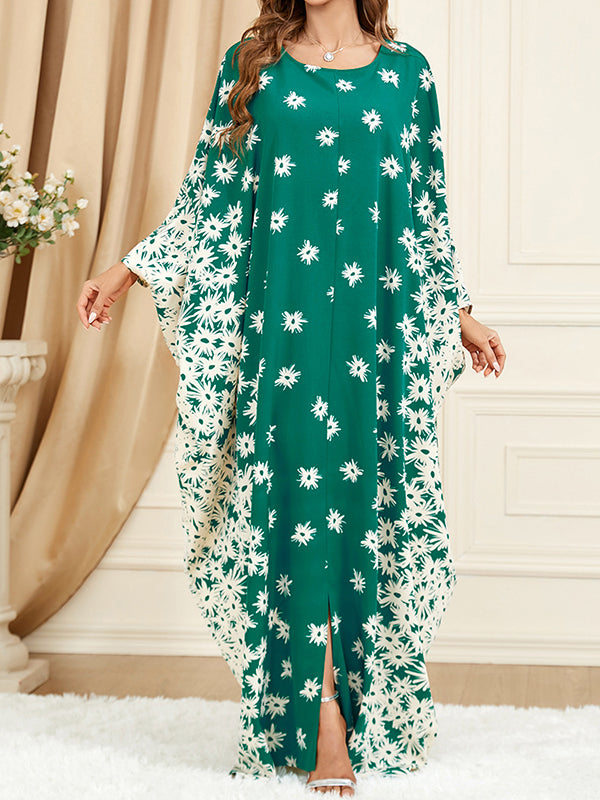 Batwing Sleeves Loose Flower Print Muslim Split-front Round-neck Maxi Dresses