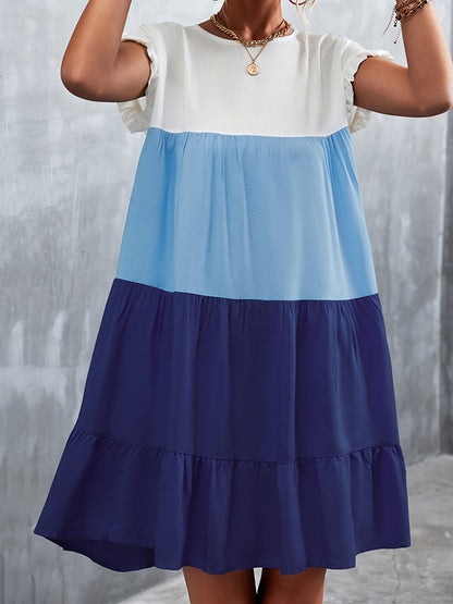 Loose Ruffle Sleeves Contrast Color Falbala Pleated Split-joint Round-neck Mini Dresses
