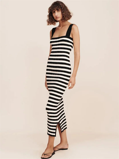 Striped High Waist Backless Maxi Dress Contrast Split Slim Off-shoulder Autumn Party Dress