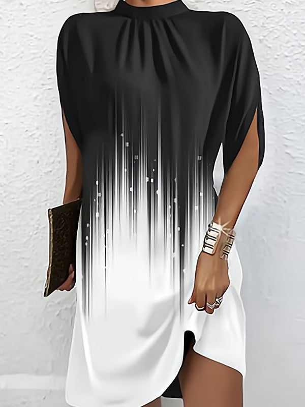 Batwing Sleeves Loose Gradient Printed Round-neck Mini Dresses