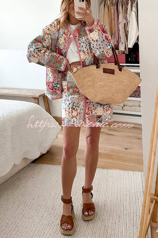 Patchwork Flower Print Front Zipper Pocketed Quilted Knit Mini Skirt