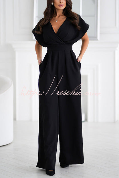 Color V-neck Waist Wide-leg Jumpsuit