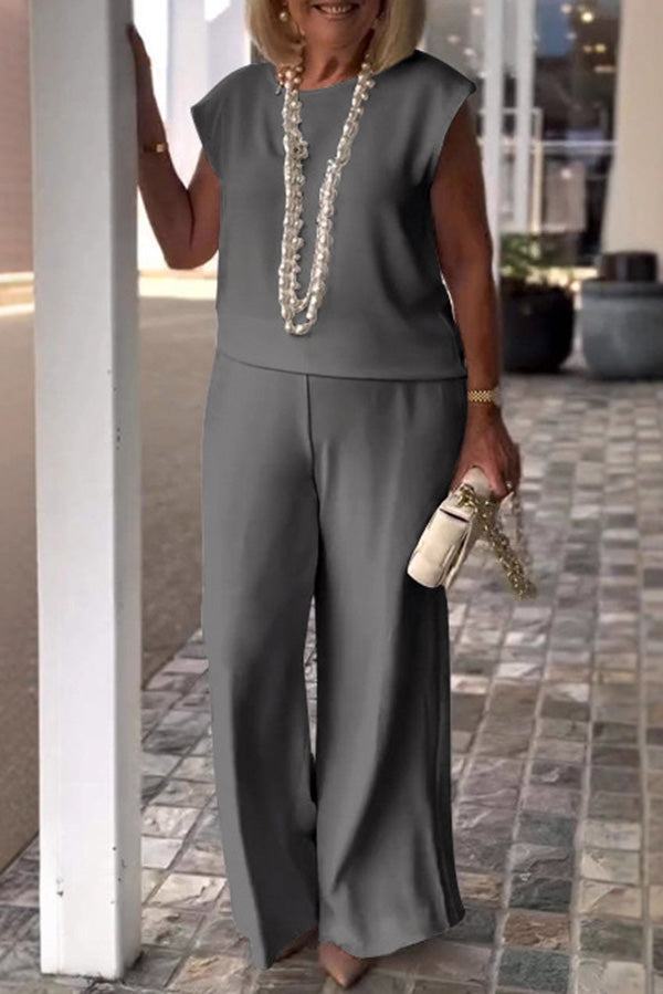 Color Crew Neck Sleeveless Top and Pocket Straight Leg Pants Set