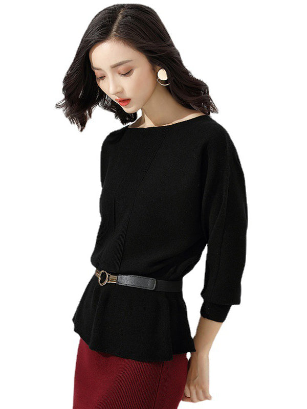 Red Boat Neck Tunic Ruffled Hem Long Sleeve Sweater An1040