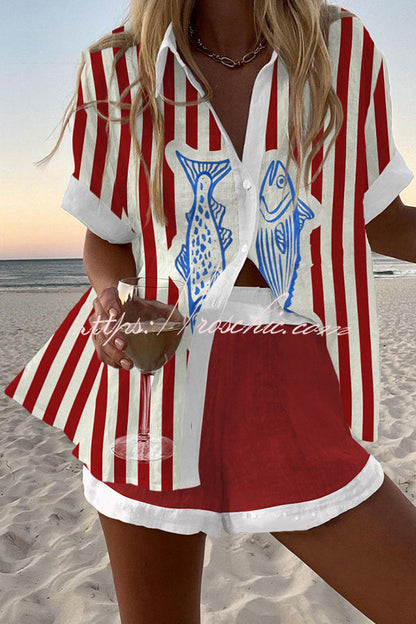 Striped Fish Print Loose Button Elastic Waist Shorts Set