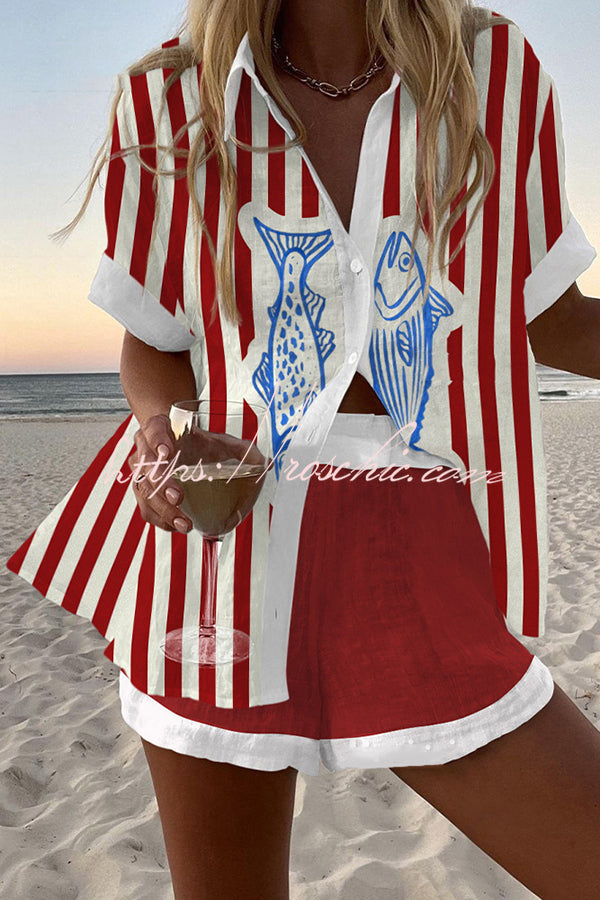 Striped Fish Print Loose Button Elastic Waist Shorts Set