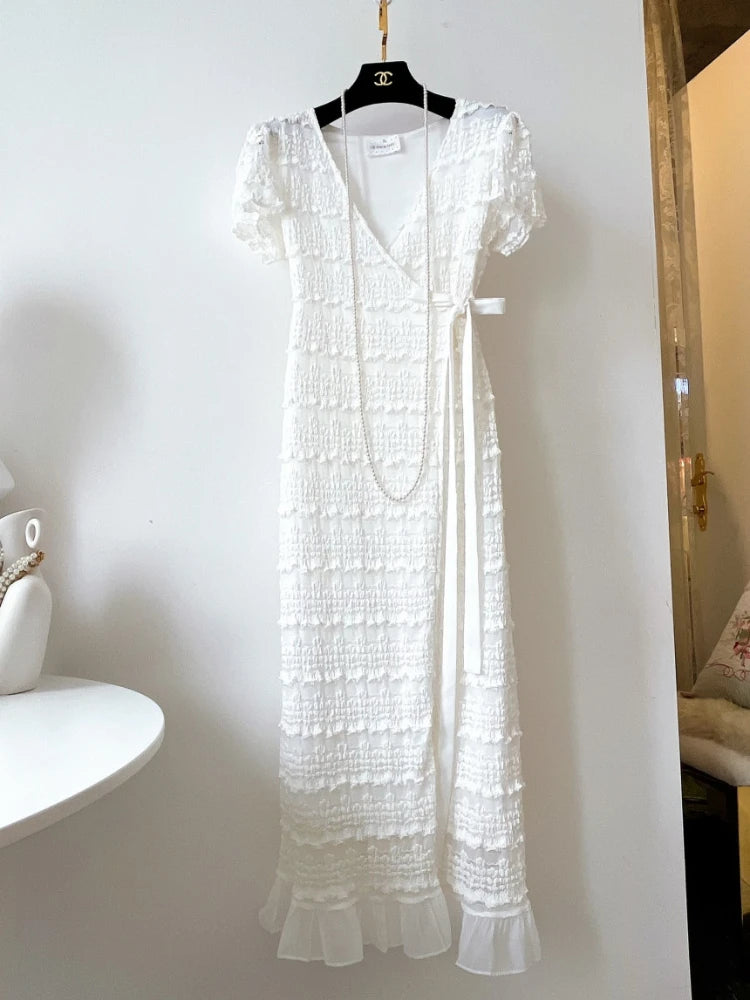 Bodycon Dress Summer V-neck Short Sleeve Korean Long Dresses White Black Long Robe