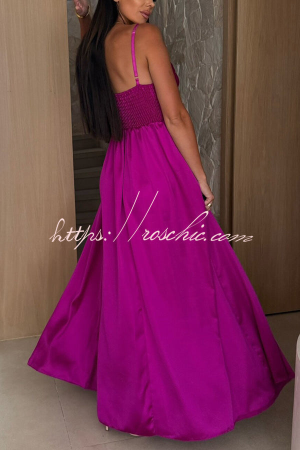 Color Suspender Back Pleated Slit Full Hem Maxi Dress
