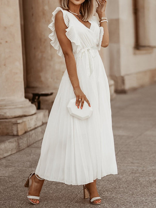 Loose Sleeveless Pleated Color Split-joint Tied Waist V-neck Maxi Dresses