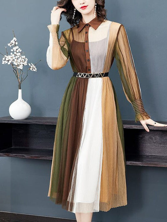 Brown Multicolor Midi Dress With Belt