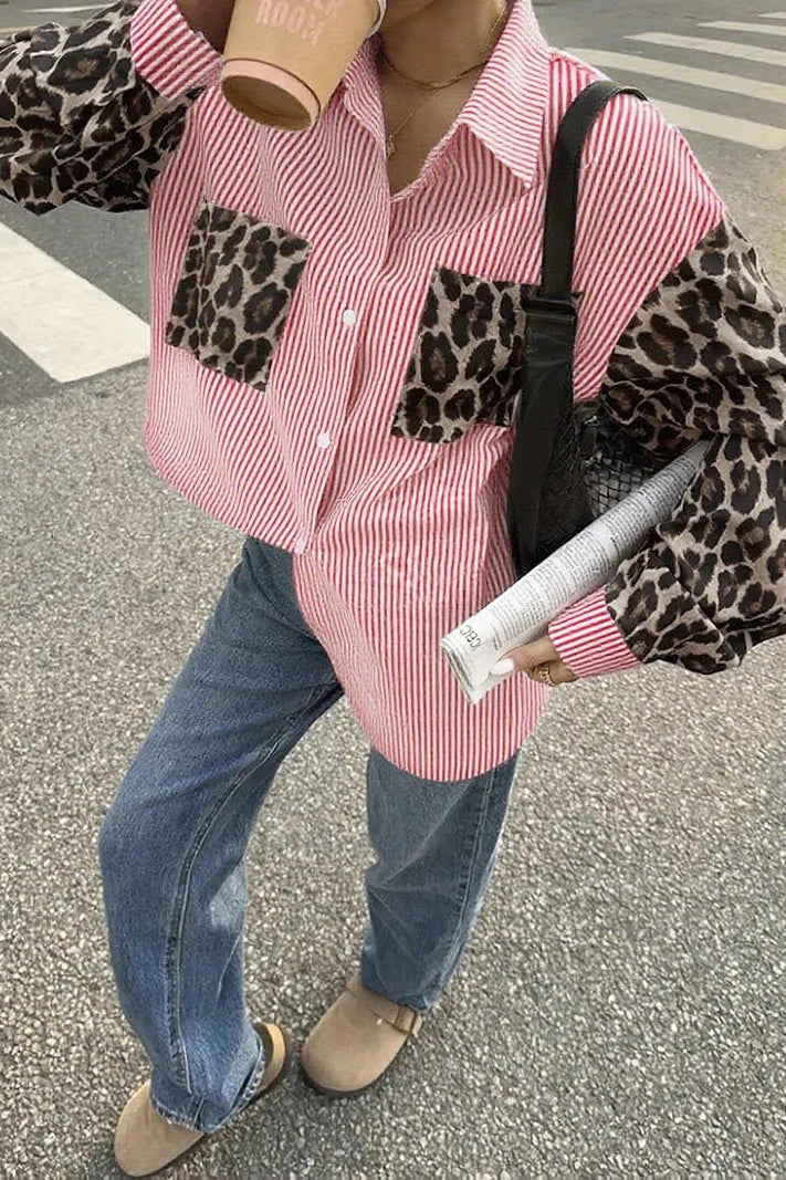 Stripe Leopard Patchwork Long Sleeve Blouse