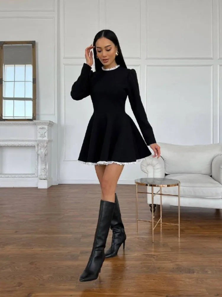 Black Lace Mini Dress – High Waist Party Gown