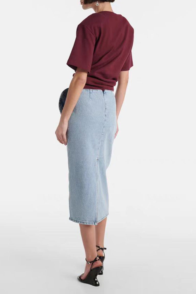 Ruched Rose Denim Skirt
