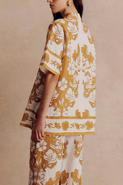 Print Short Sleeve Shirt Top and Elastic Waist Loose Pocket Pants Set