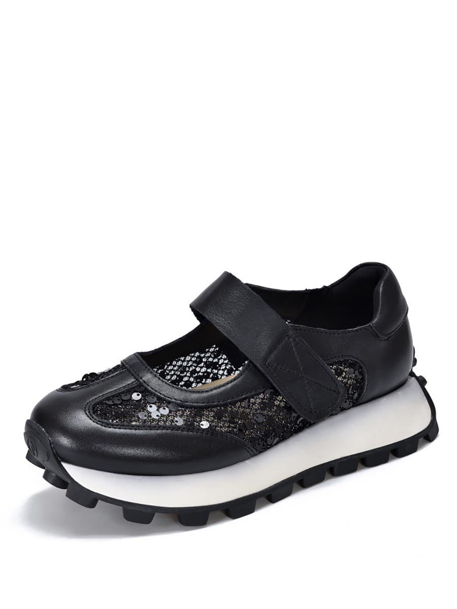 Summer Leather Spliced Mesh Sequin Platform Shoes Xx1022