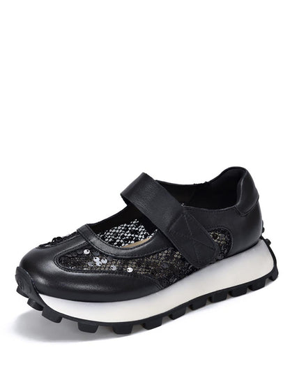 Summer Leather Spliced Mesh Sequin Platform Shoes Xx1022