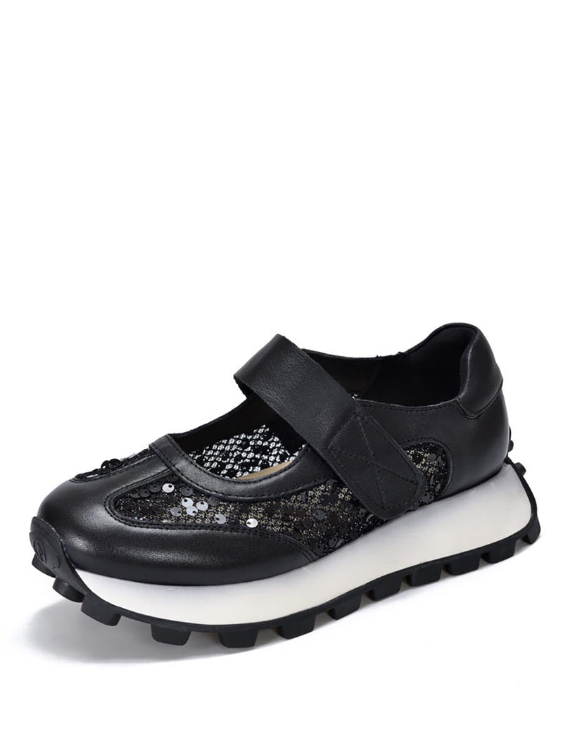 Summer Leather Spliced Mesh Sequin Platform Shoes Xx1022