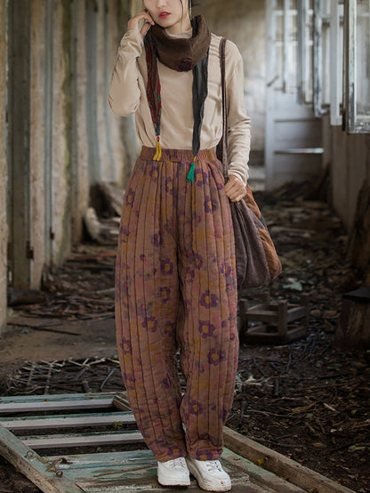 Winter Retro Flower Spliced Padded Cotton Harem Pants Wu014
