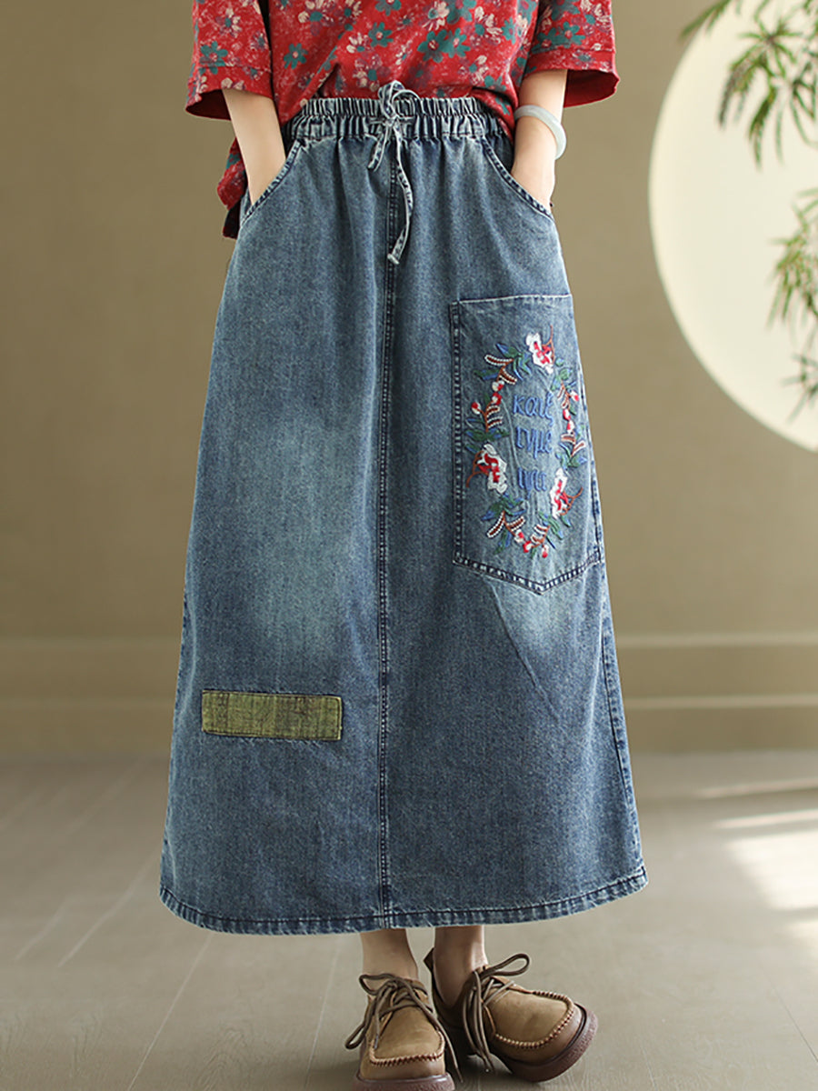 Artsy Flower Embroidery Denim Skirt Pa1009