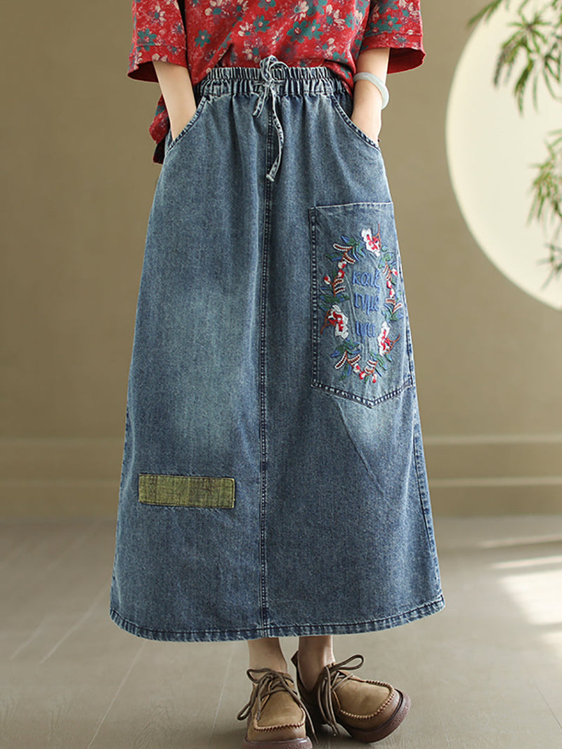 Artsy Flower Embroidery Denim Skirt Pa1009