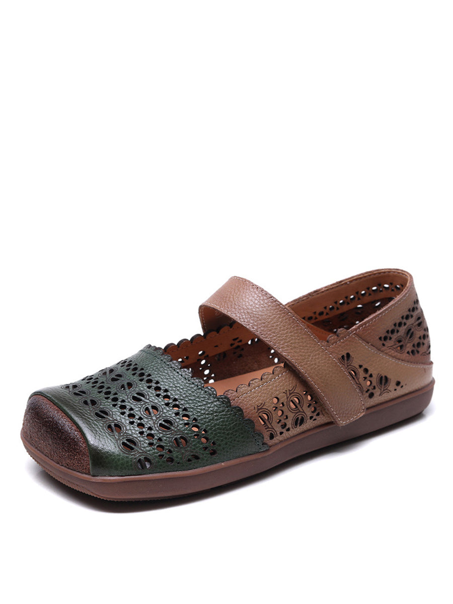 Leather Colorblock Cutout Flat Shoes Ty1028