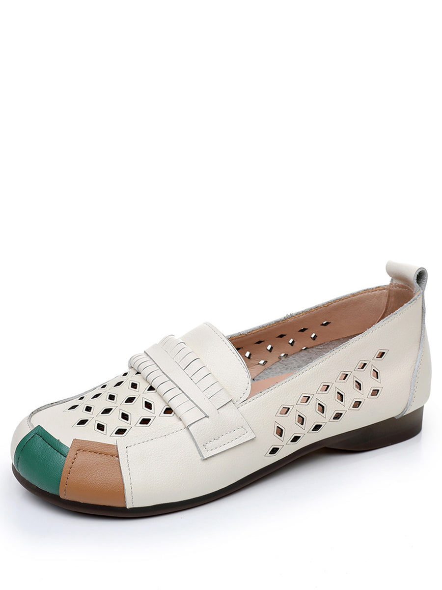 Summer Leather Colorblock Cutout Flat Shoes Ui1030