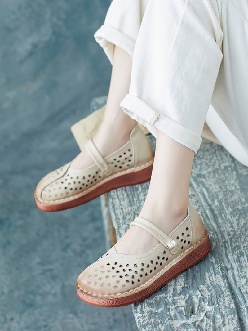 Summer Leather Spliced Cutout Flat Sandals Fg1029