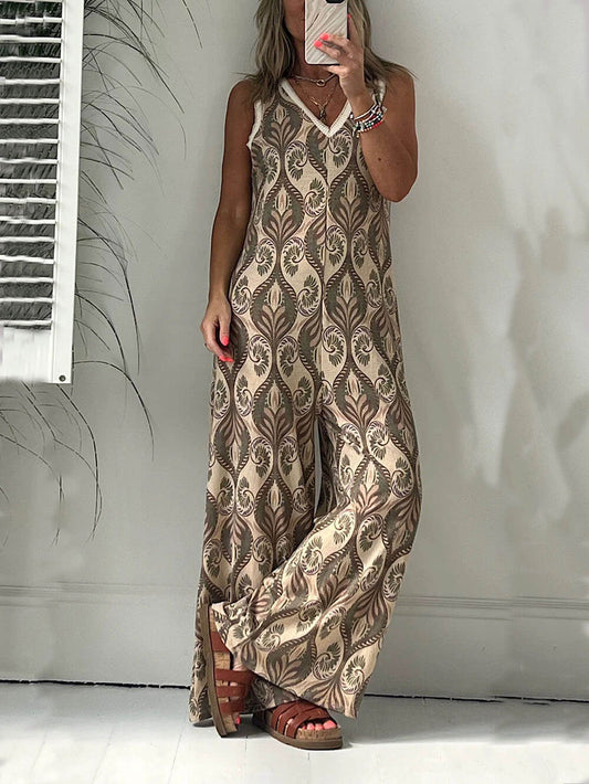 Printed Texture V-neck Loose Jumpsuit