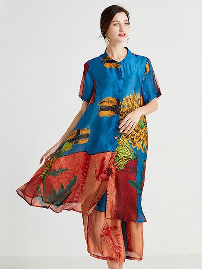 Artsy Flower Spliced Long Shirt+pants Hh053