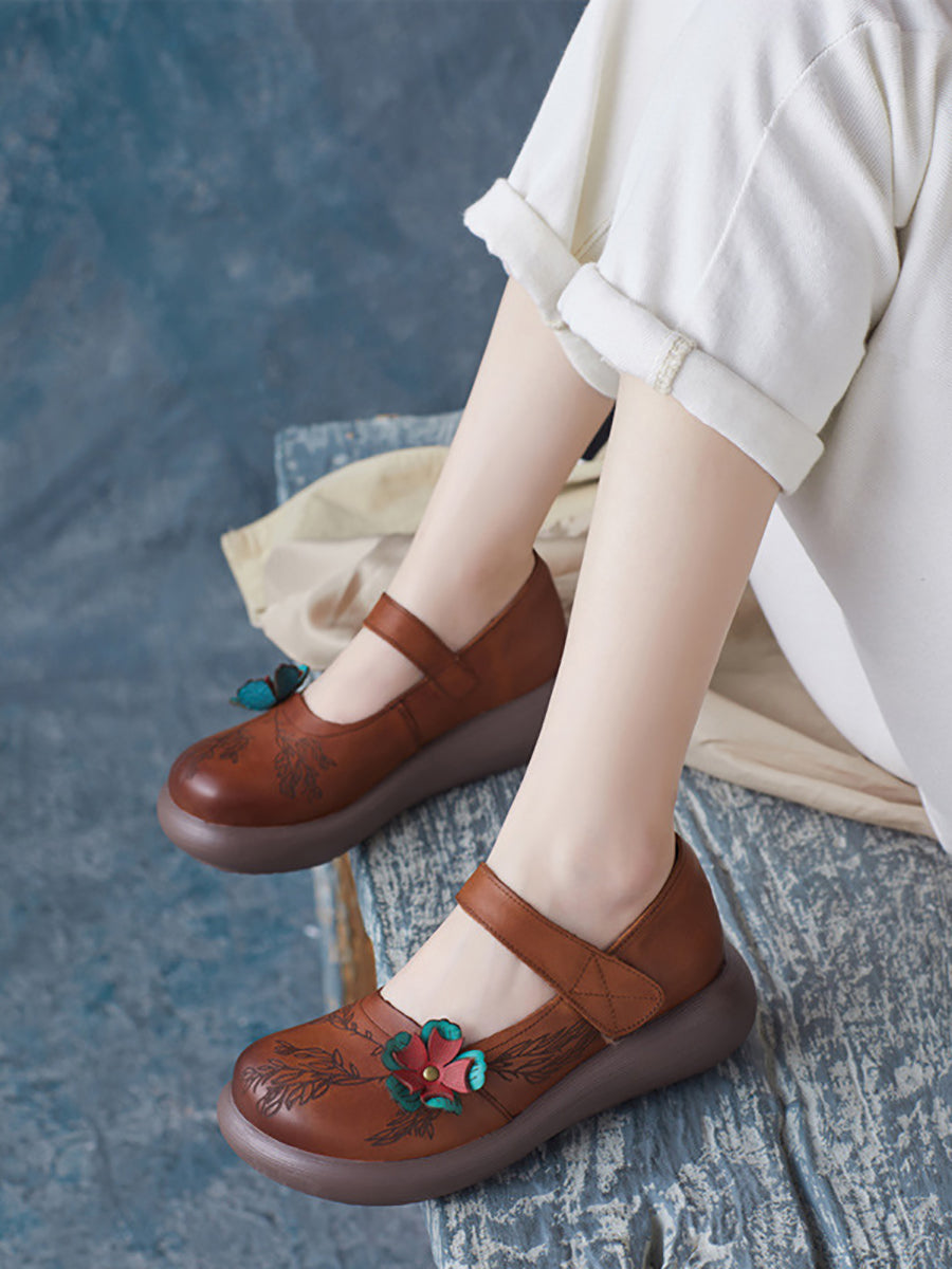 Summer Leather Flower Mid-heel Shoes Zz1036