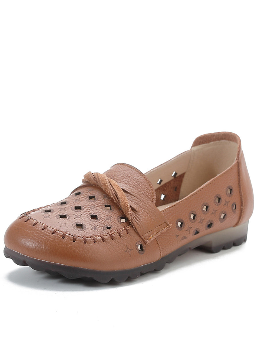 Leather Cutout Spliced Low Heel Shoes Rr1047