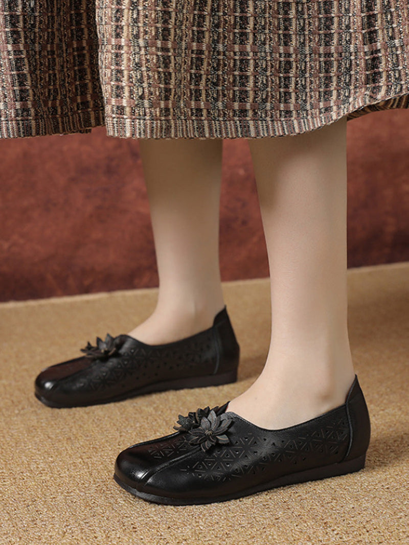 Leather Flower Cutout Flat Shoes Kl1034