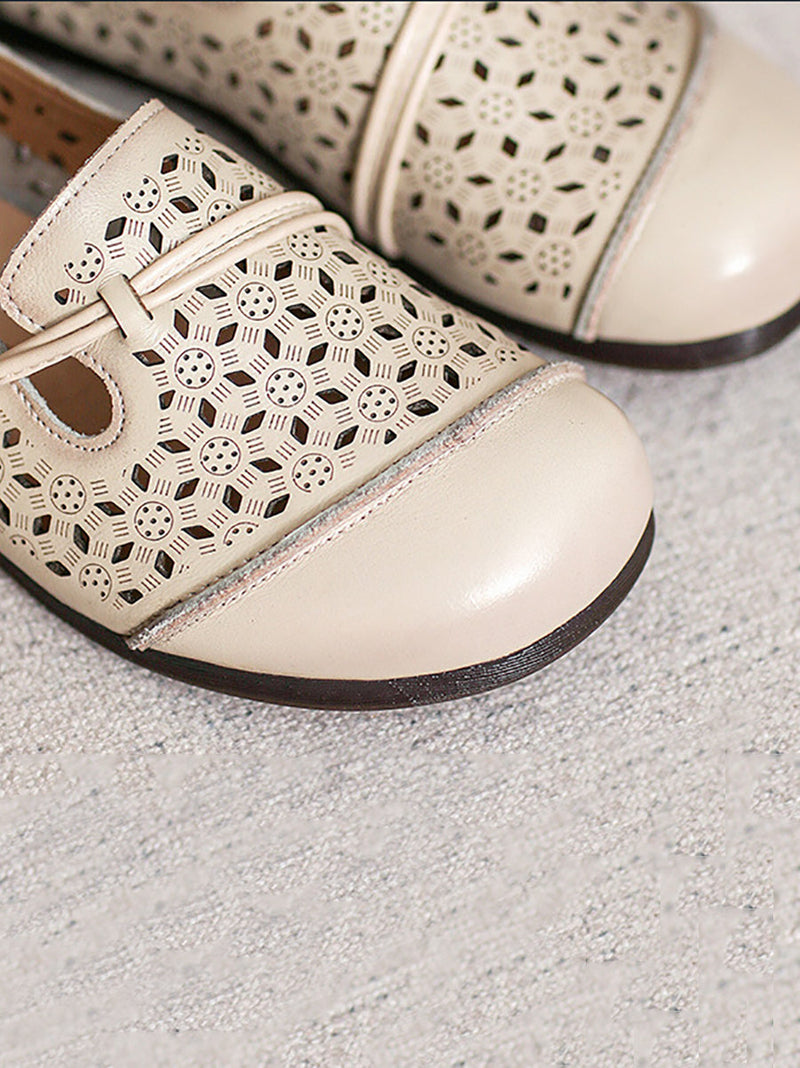 Summer Leather Cutout Soft Flat Shoes Bn1038