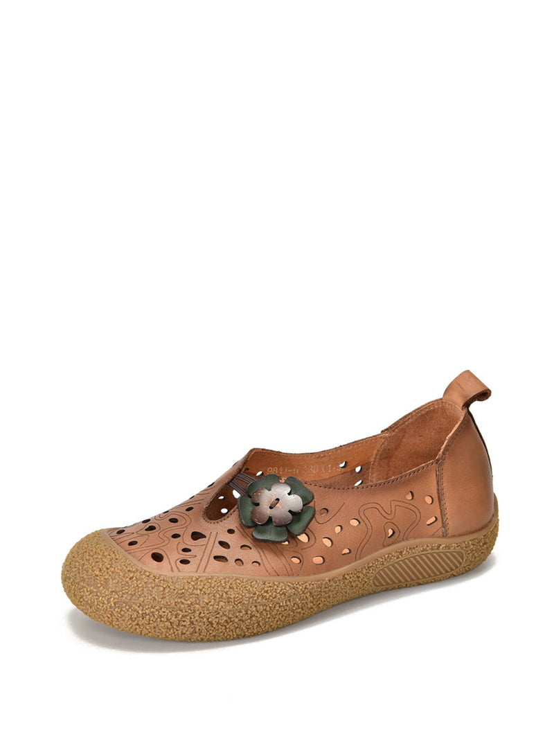 Summer Leather Cutout Flower Flat Shoes Sc1060