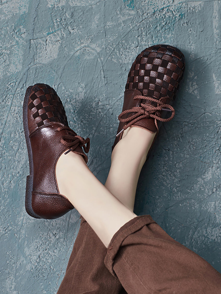 Autumn Soft Leather Waeve Flat Shoes At1029