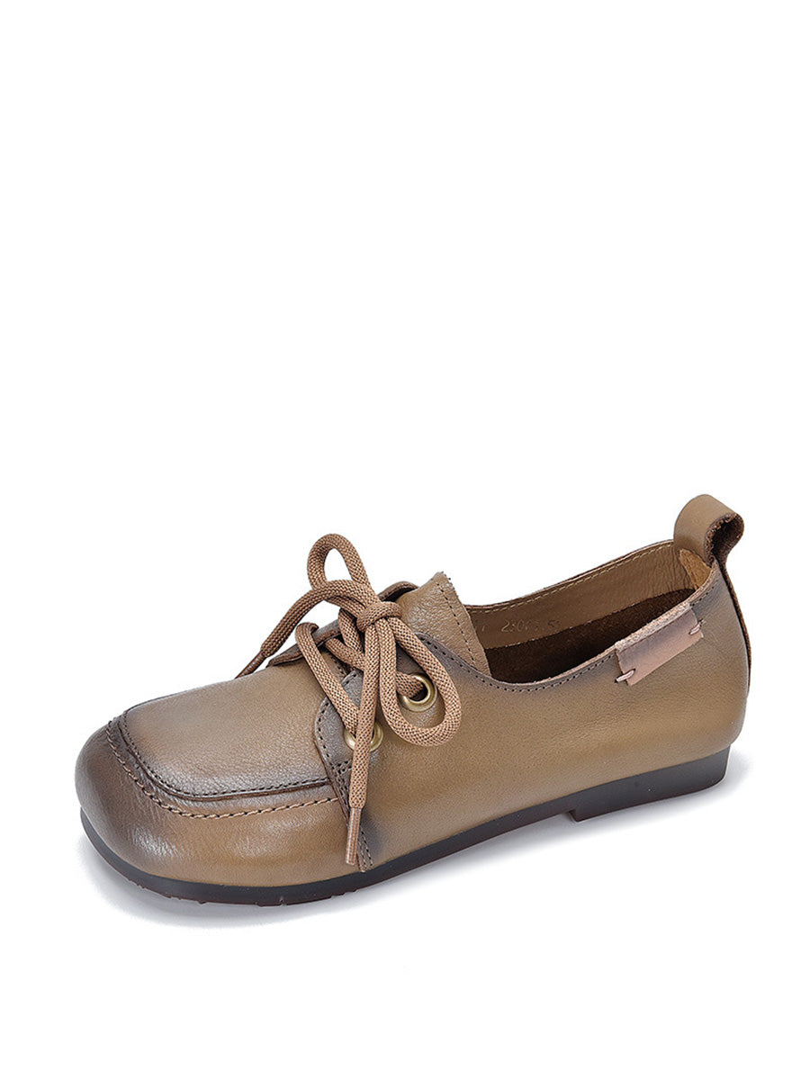 Summer Retro Leather Square Toe Flat Shoes Cx041