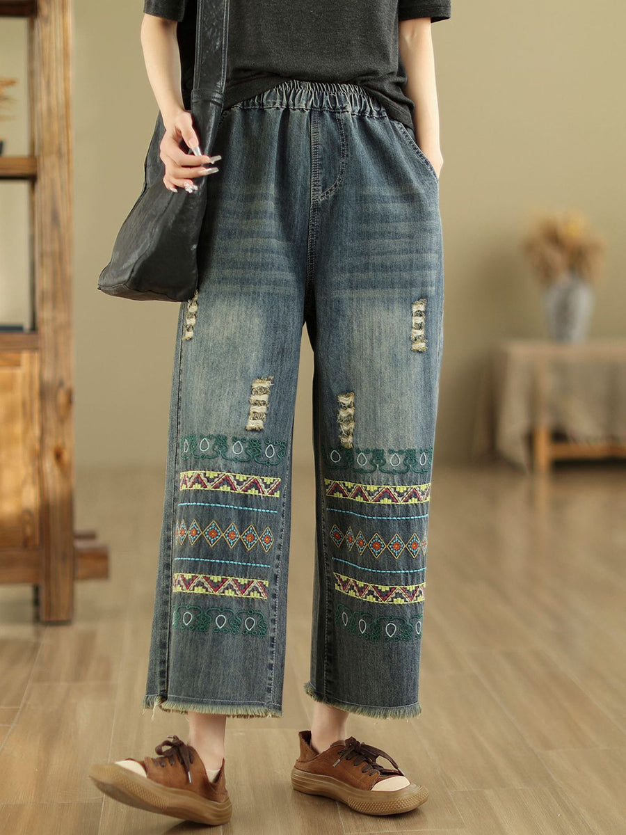 Summer Retro Embroidery Frayed Straight Denim Pants As1042