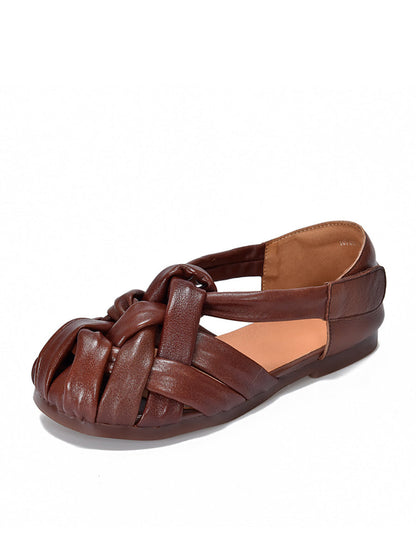 Summer Leather Flat Retro Weave Genuine Shoes