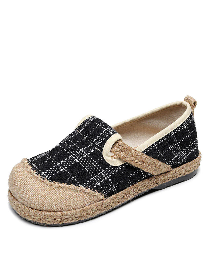 Artsy Summer Plaid Linen Spliced Flat Shoes Rr007