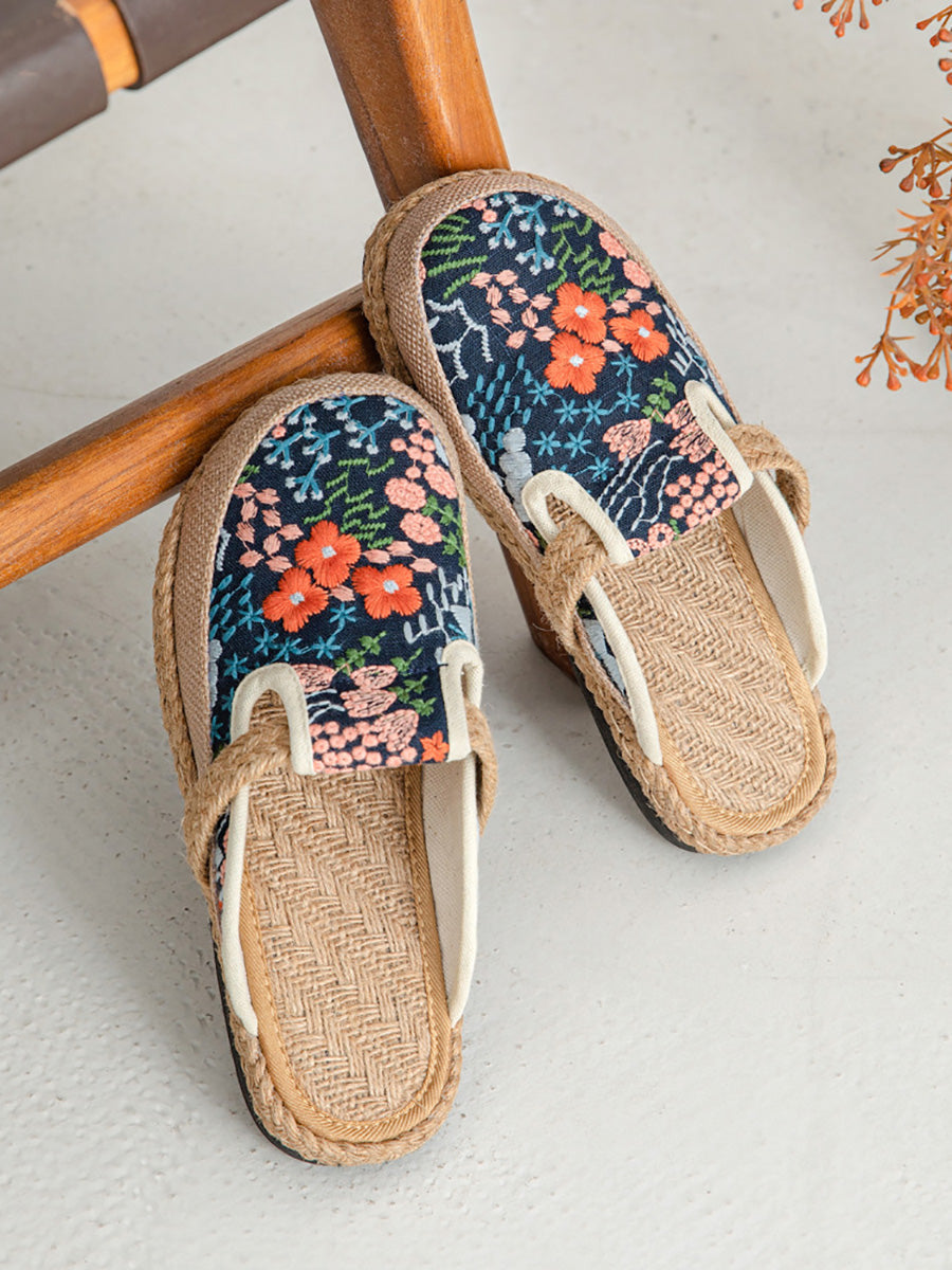 Cotton Flower Embroidery Slippers Summer