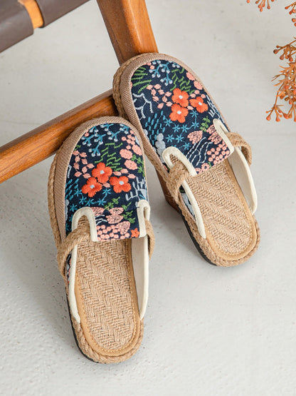 Cotton Flower Embroidery Slippers Summer