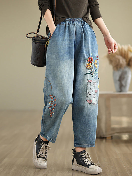 Autumn Artsy Flower Embroidery Denim Harem Pants Ai1074