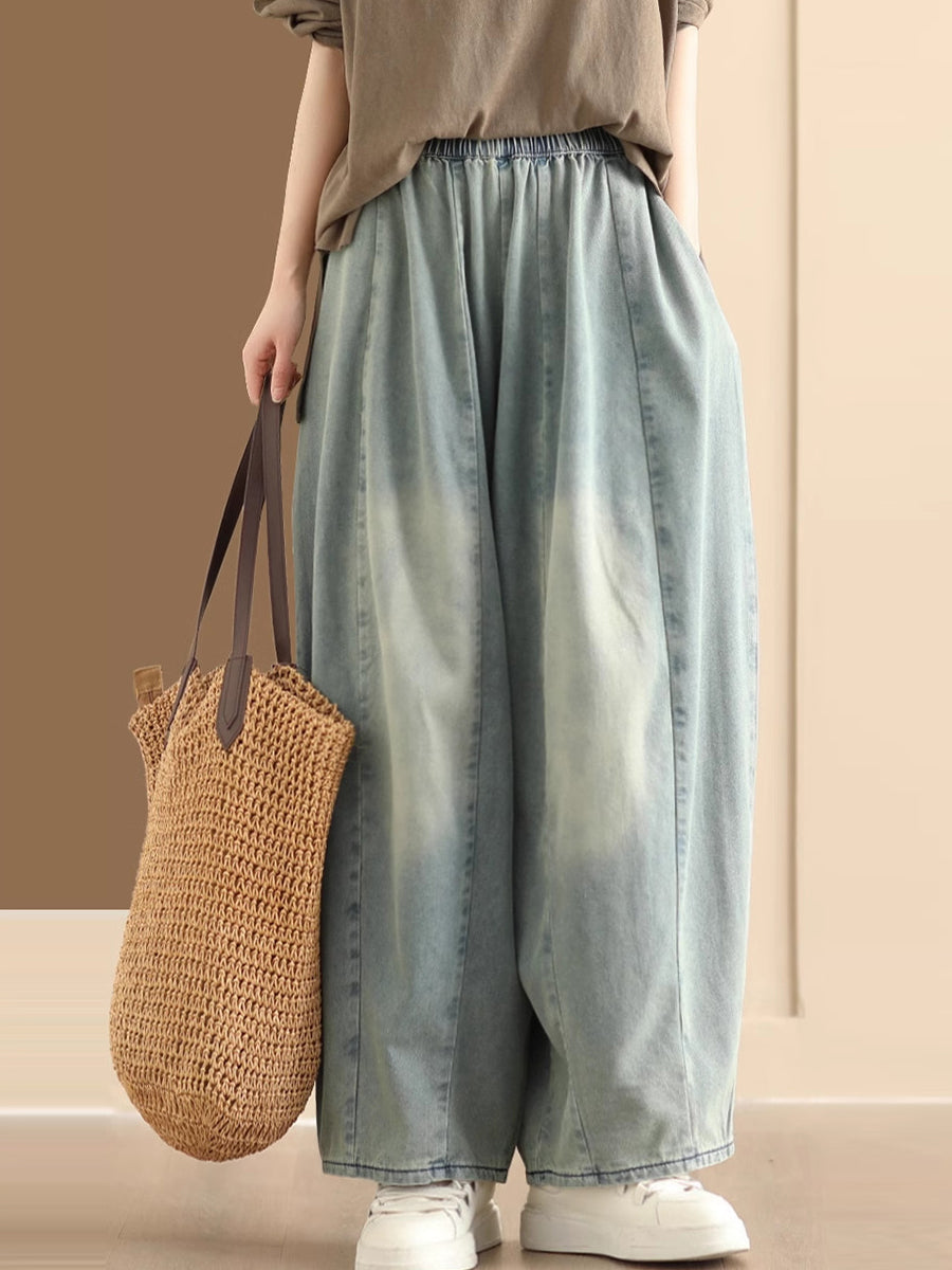 Washed Spliced Denim Wide-leg Pants Qw1007