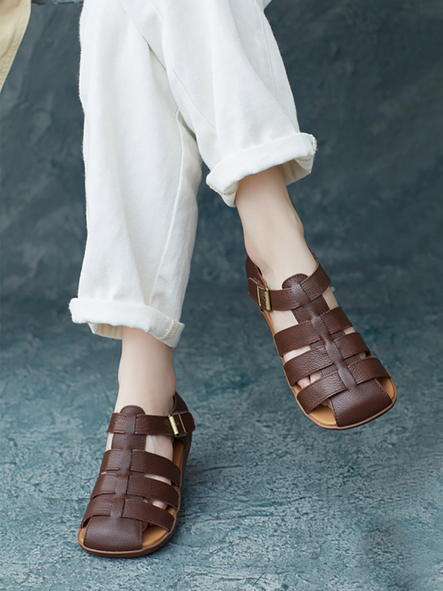 Summer Leather Spliced Flat Shoes Fd036