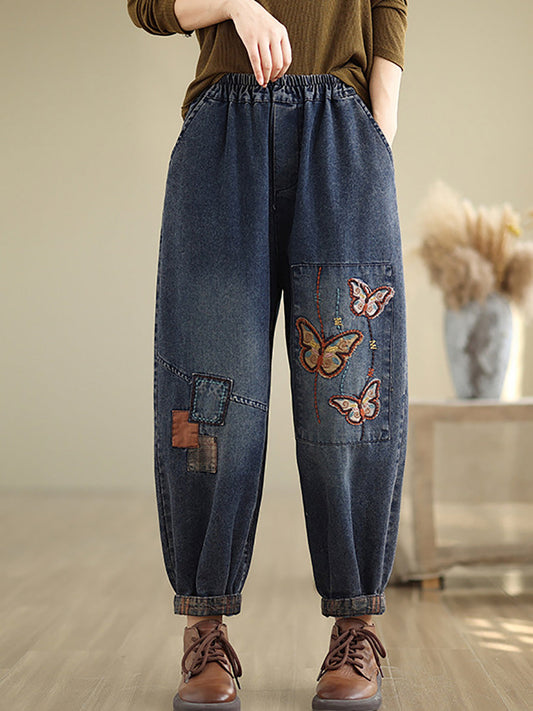 Autumn Artsy Butterfly Embroidery Denim Harem Pants Ai1078
